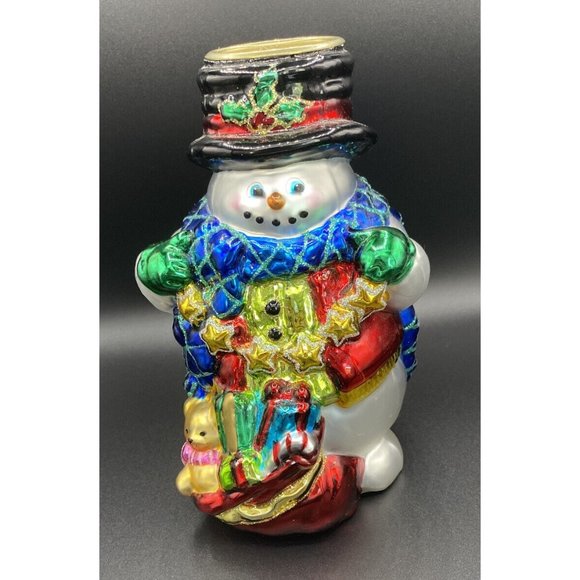 Blown Glass Christmas Snowman Tealight Holder 6 1/2" Glittered  Bright Colors! - Picture 1 of 4